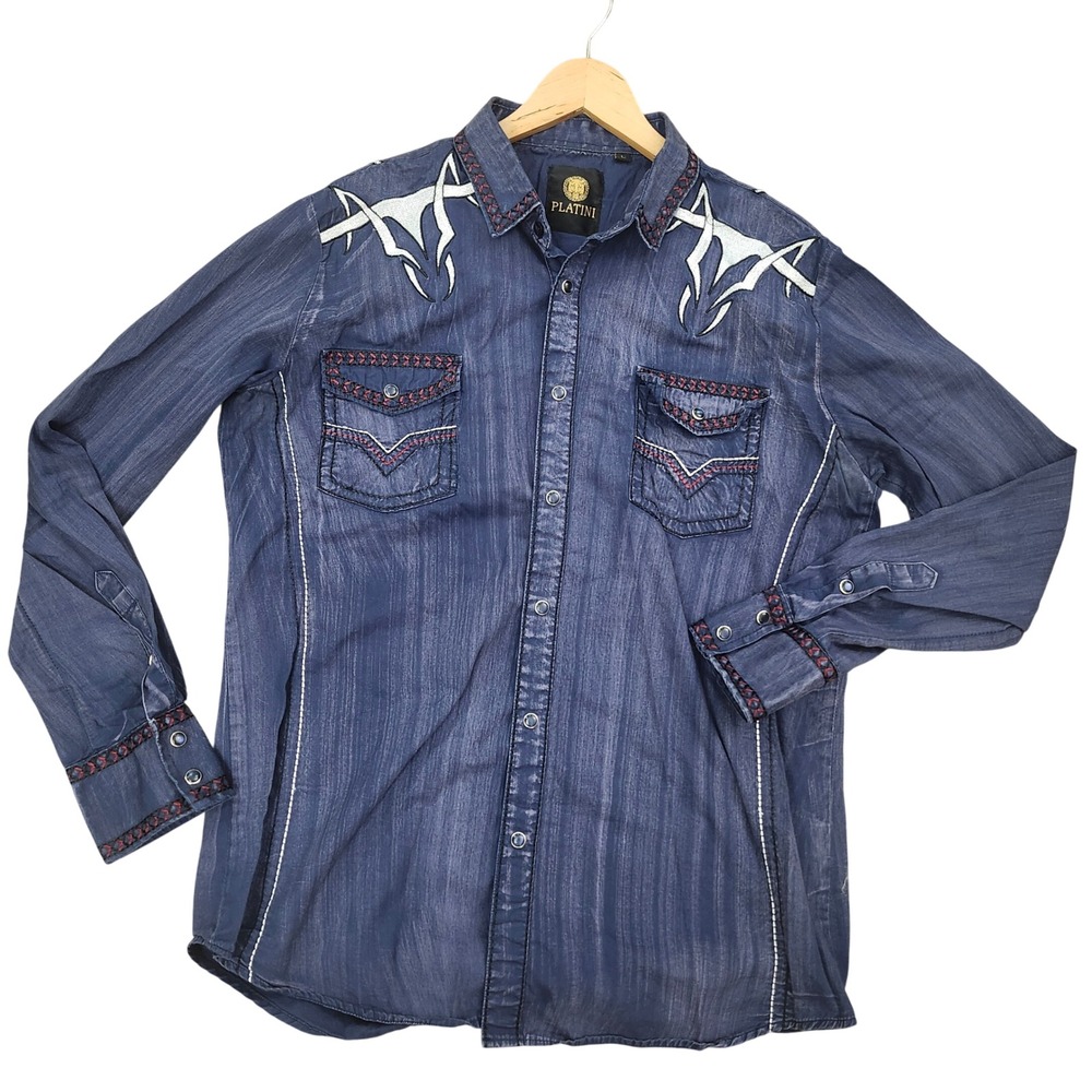 Platini Jeans Mens Blue Acid Wash Embroidered Longhorn Western Snap Shirt Large